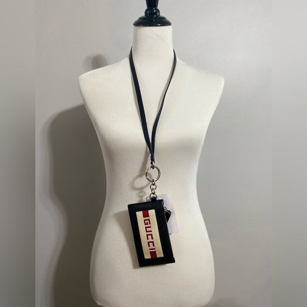 Black Logo Lanyard Zip Pouch Leather Wallet- Gucci
